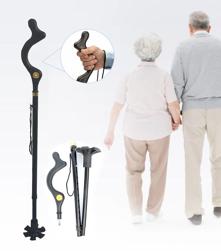 Folding Adjustable Walking Stick Cane 4 Head Pivoting Trusty Base Posture Cane