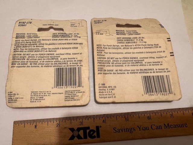 MADE USA - NEW / OLD STOCK SOLID BRASS NATIONAL MFG #6 2 / 2 PACK CEILING HOOKS