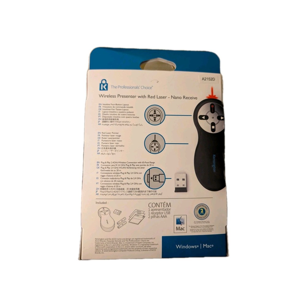 Kensington Wireless Presenter with Red Laser Pointer Nano Receiver A2152D USB