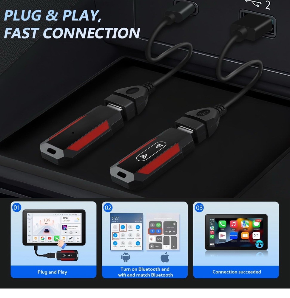 2-in-1 Wireless CarPlay Android Auto Adapter USB Plug & Play Dongle
