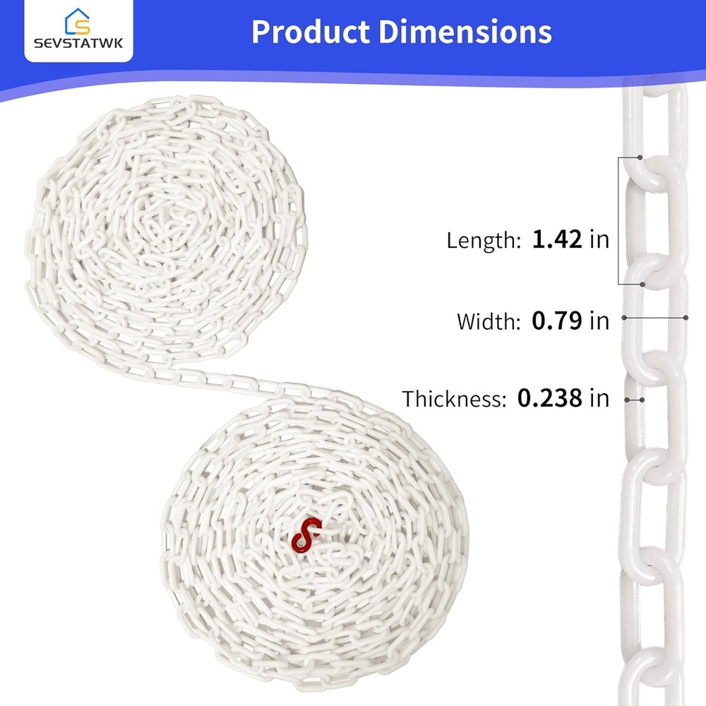 White Plastic Chain 25ft, 1.42" Link, High Visibility Plastic Chain Barrier