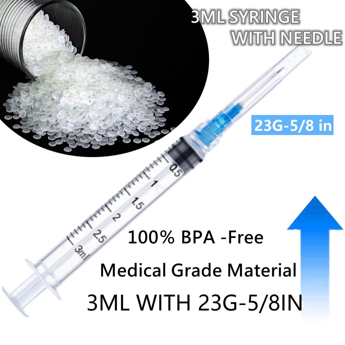 Luer lock 3ml 23Ga 5/8 Inch(15.8mm), 50 Pack Sterile Lab Utensils for clear