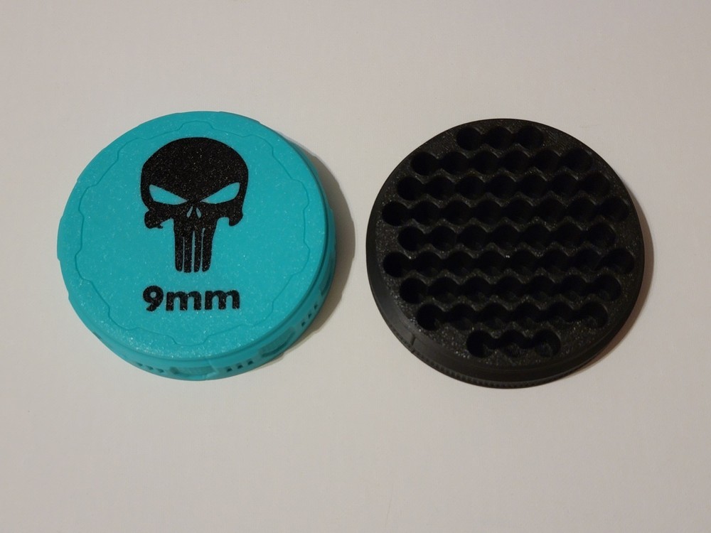 3D Printed Round 9mm Ammo Box screw on 55 rd Punisher Mint Green Black Stackable