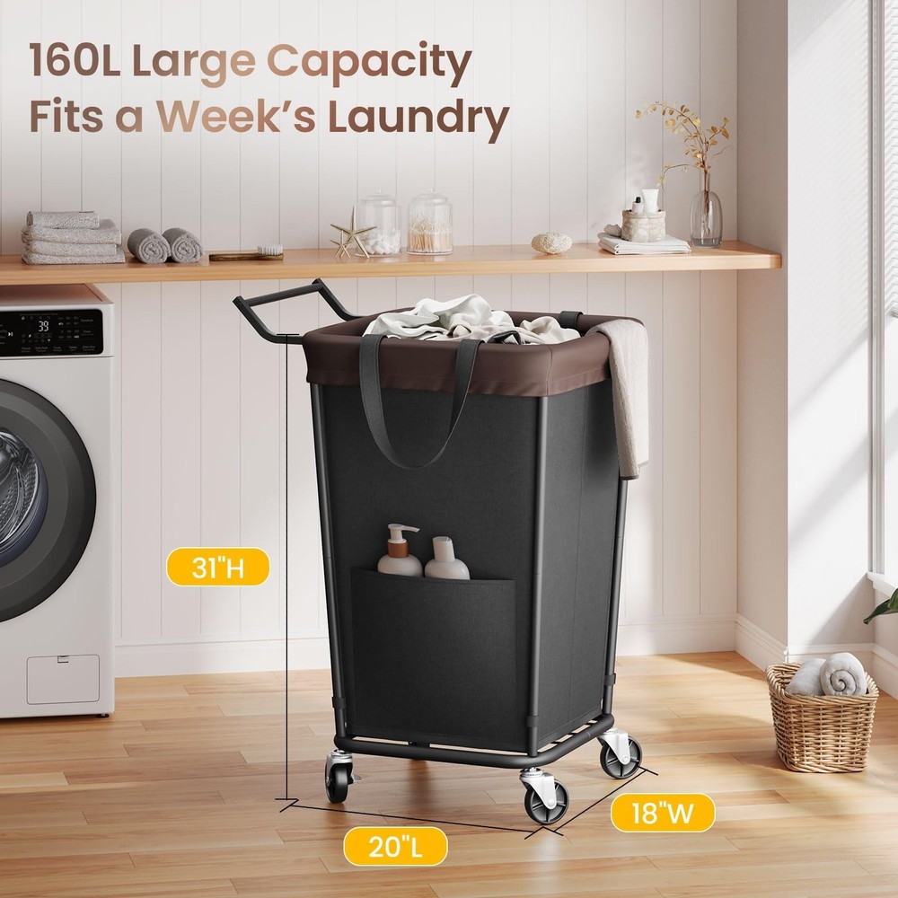 160L Laundry Hamper with Wheels and Handle, 2-Section Rolling Hamper for Laun...