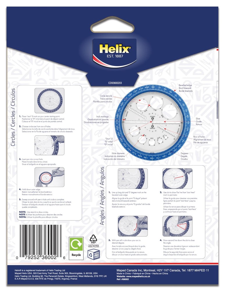 Helix - Angle and Circle Maker 6 Inch - Drawing 360 Degree, Assorted