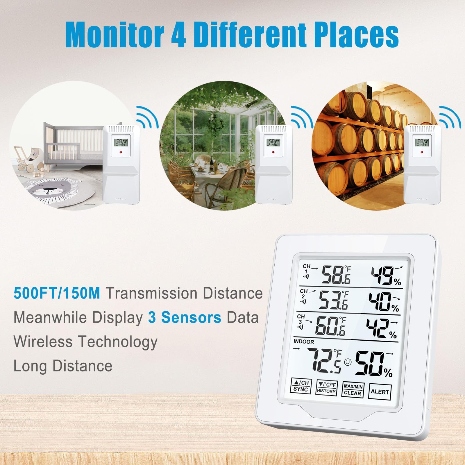 Indoor Outdoor Thermometer Wireless with 3 Remote Sensors Digital Temperature