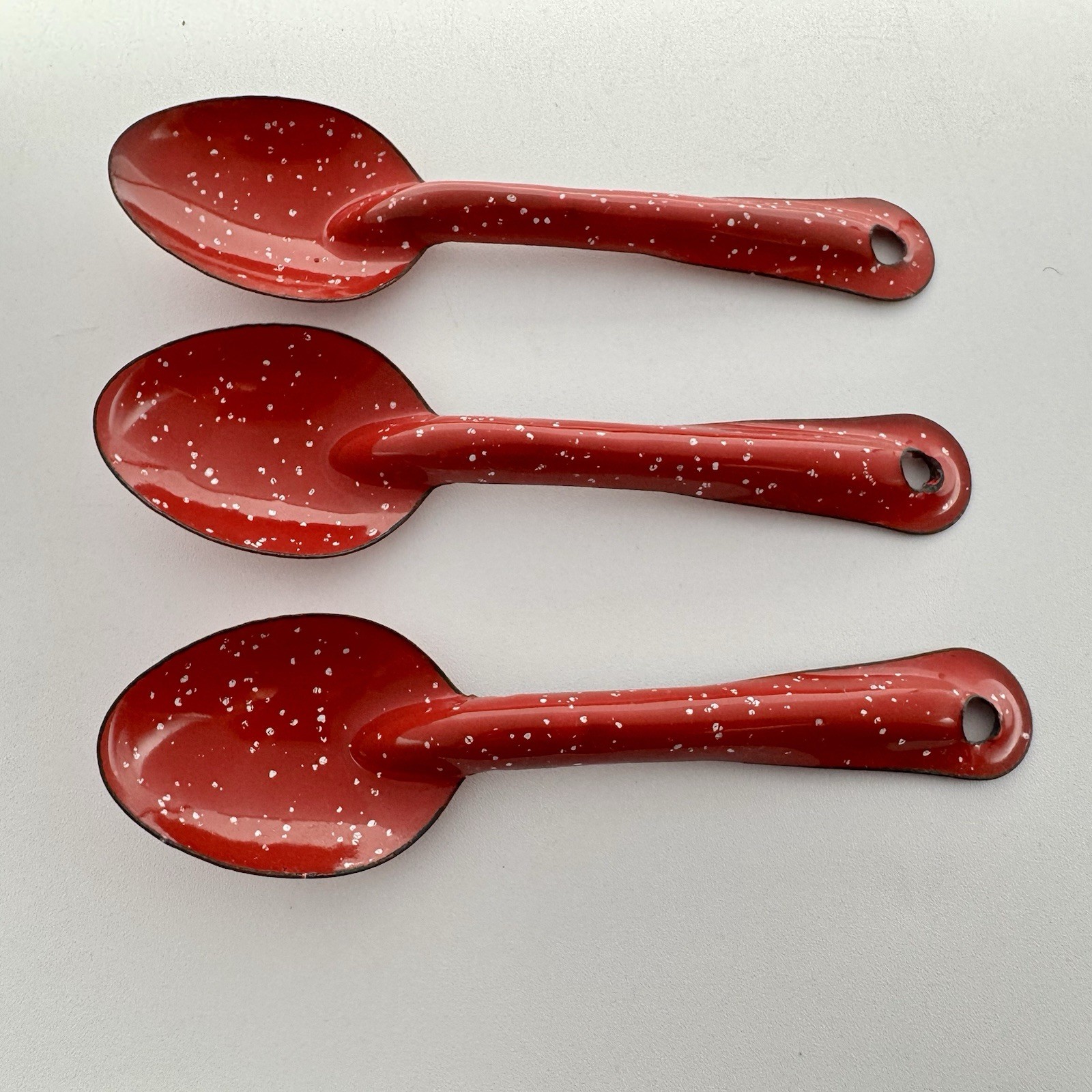 RED Speckle 6" SPOONS 3 pc Lot Vintage Enamel Metal Enamelware Camping Speckled