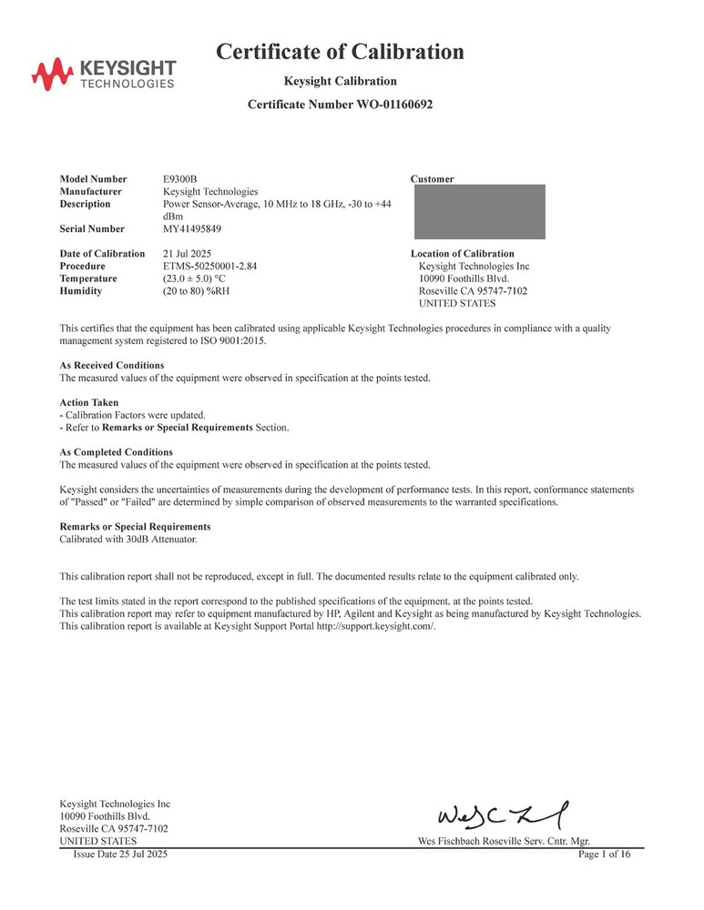 Keysight E9300B E-Series Average Power Sensor 10MHz-18GHz, Keysight Calibrated