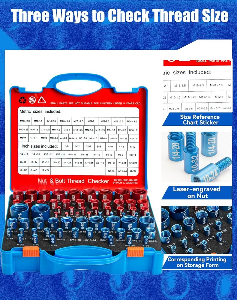 66Pcs Thread Checker 34M 32S w/Box Bolt Nut Gauge Tight Space