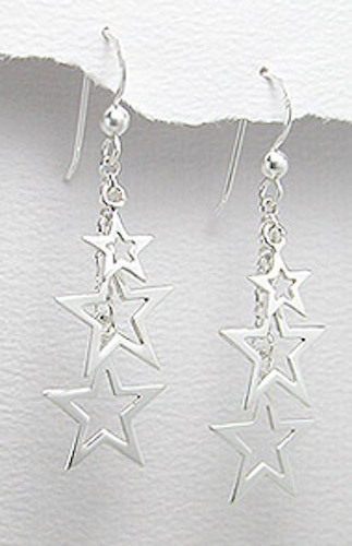 1.73" Solid Sterling Silver Triple Star Hook Dangle Earrings 2.24g PRETTY