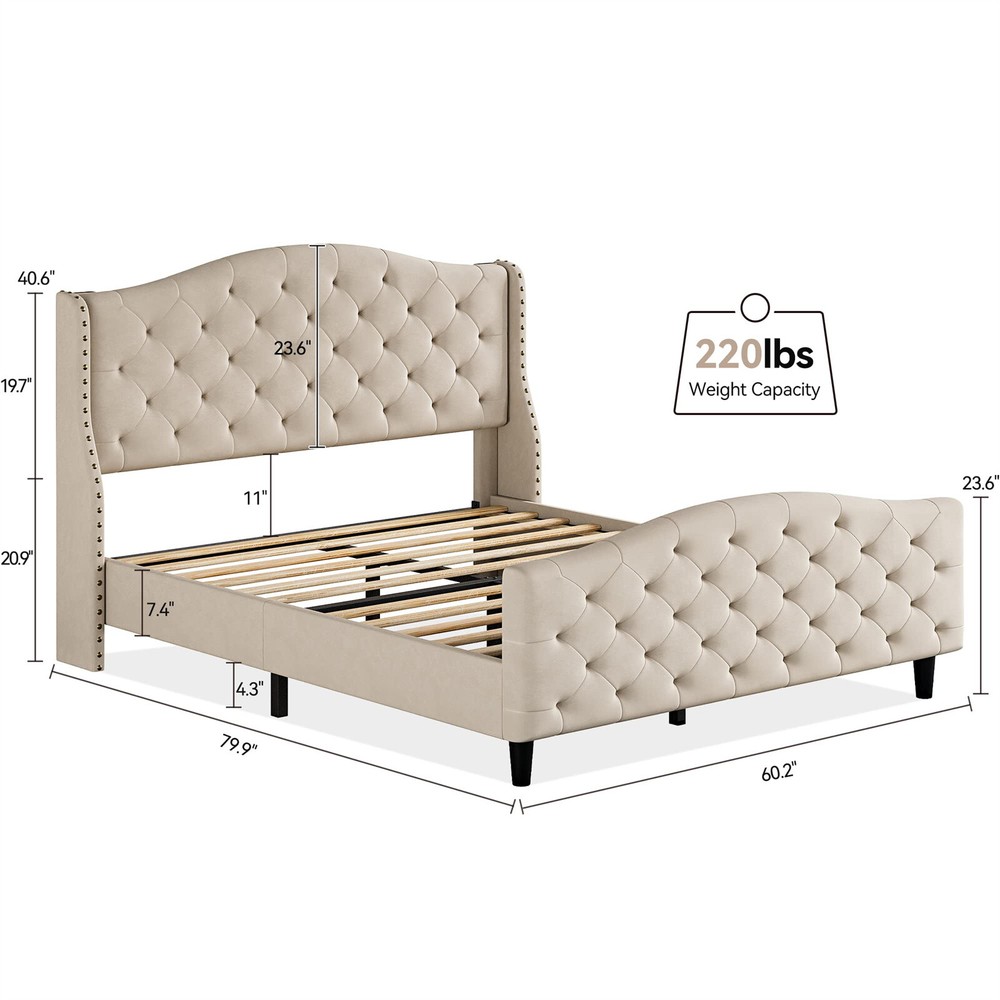 ⭐Bed Frame,Upholstered Bed Frame w/Headboard & Footboard, Modern Button Tufted