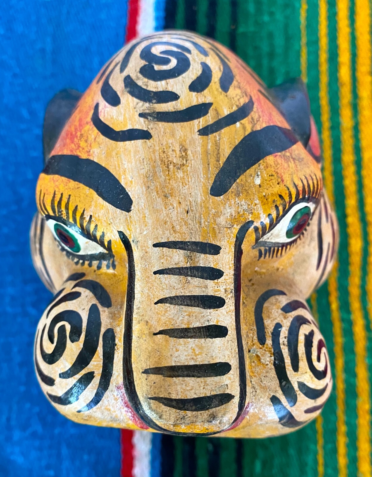 Mexican Folk Art Carved Wood Jaguar Leopard Cat Head Lion Face Mask Guerrero 5"