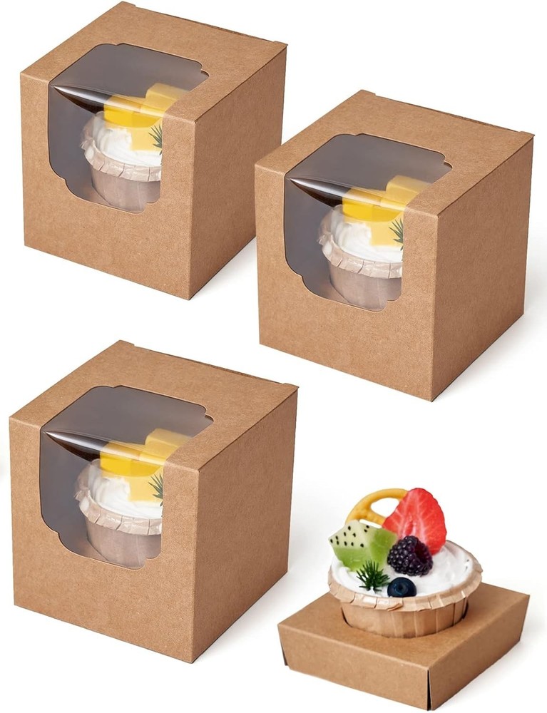 Cupcake Boxes 50 Pcs Brown Kraft Individual Cupcake Box, Single Container Pap...