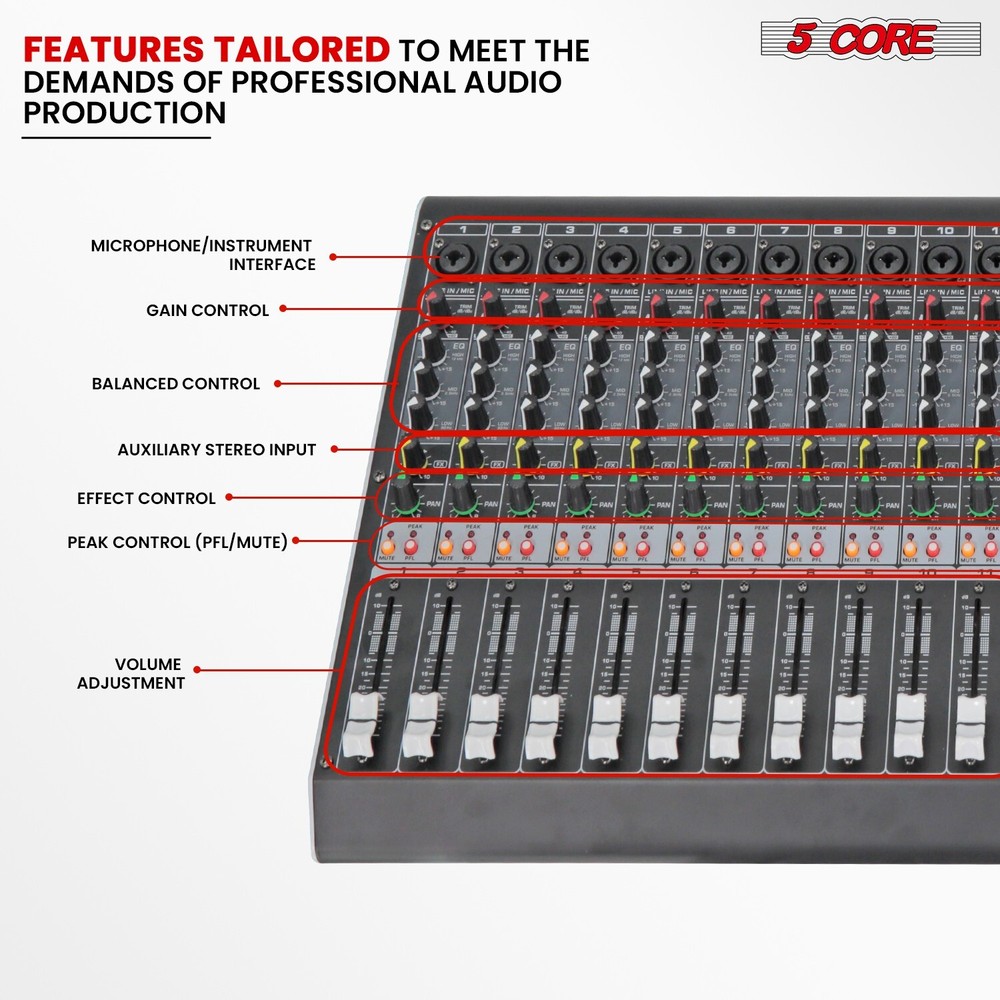 5Core Professional Audio Mixer 16 Channel DJ Mixing Board Bluetooth USB Analog
