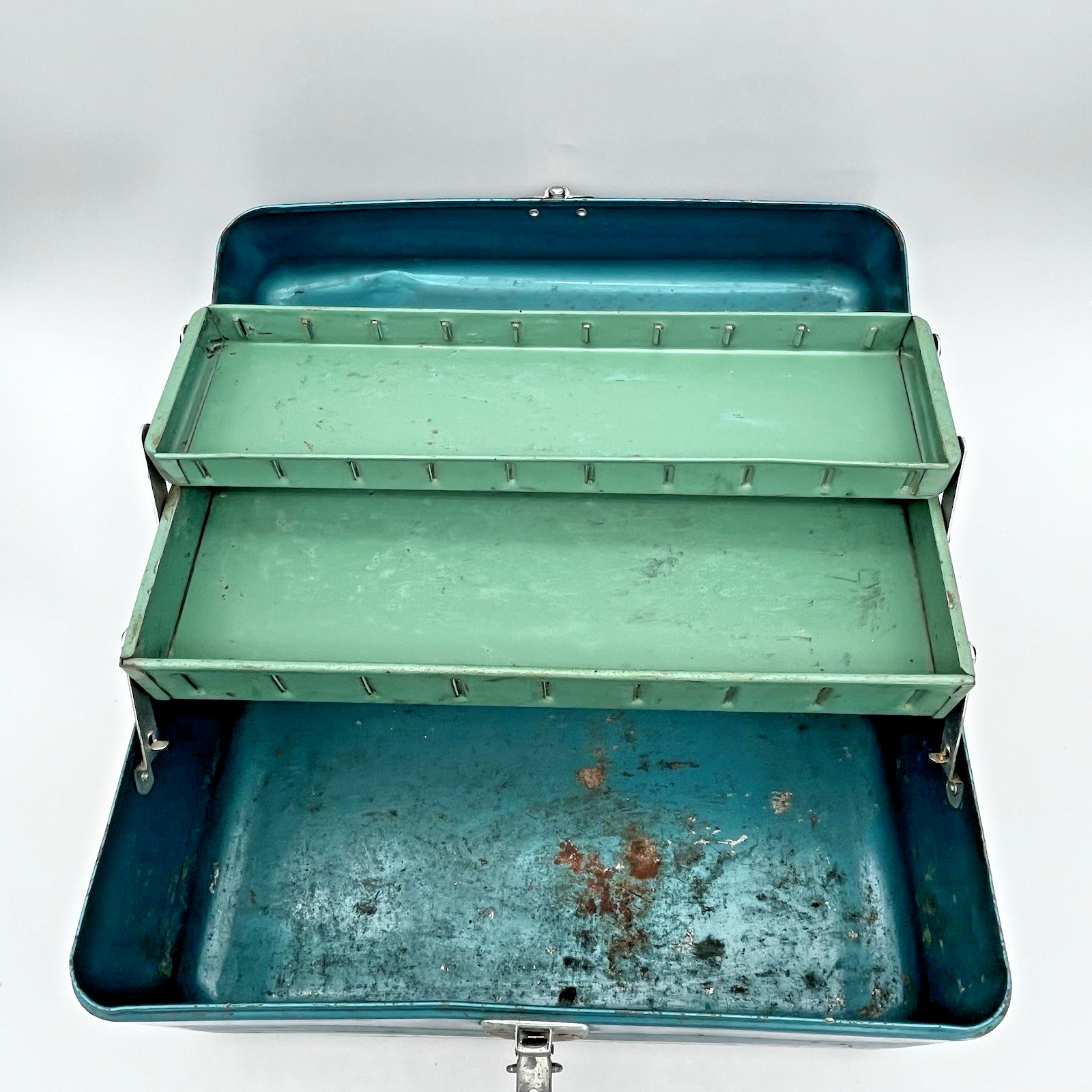 VTG Simonsen Green Teal Metal Tool Tackle Box 14" x 8" 2 Trays Industrial Patina
