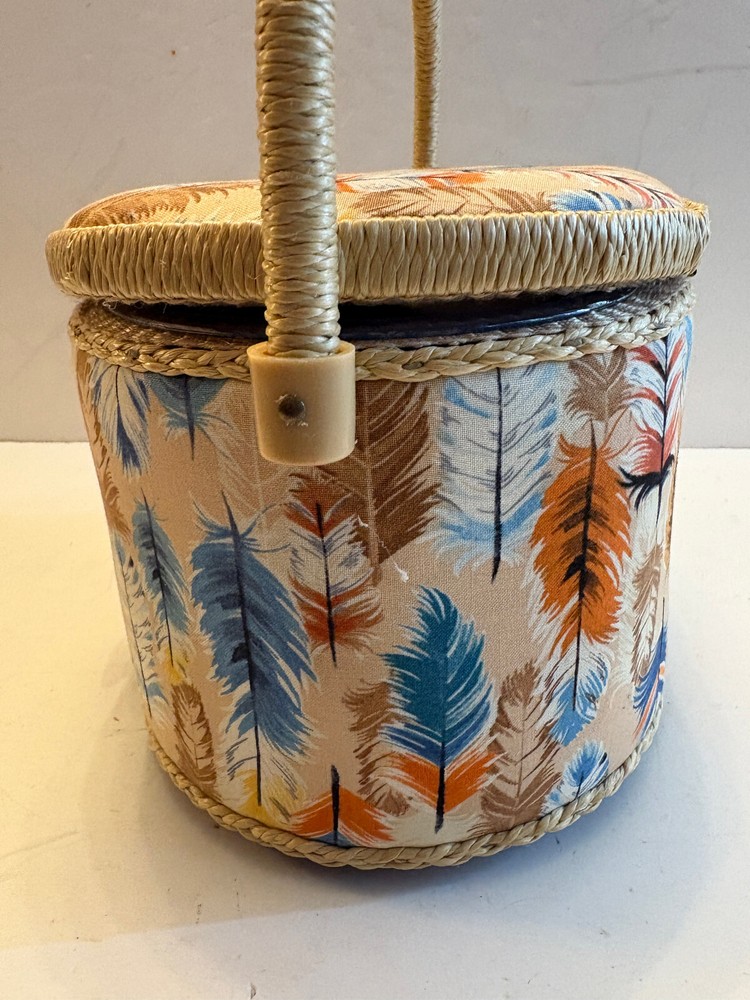 Sewing Basket Caddy Storage, Padded Feather Fabric, Tray Inside