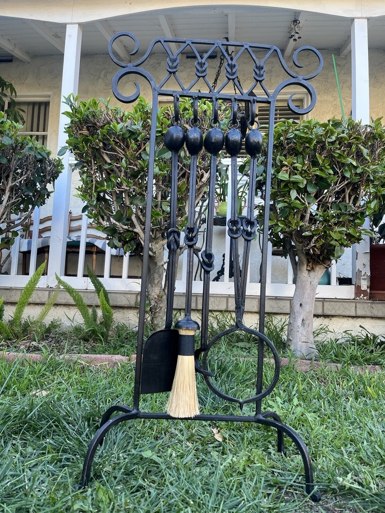 Vintage Wrought Iron 4 Pcs Fireplace Tools With Stand