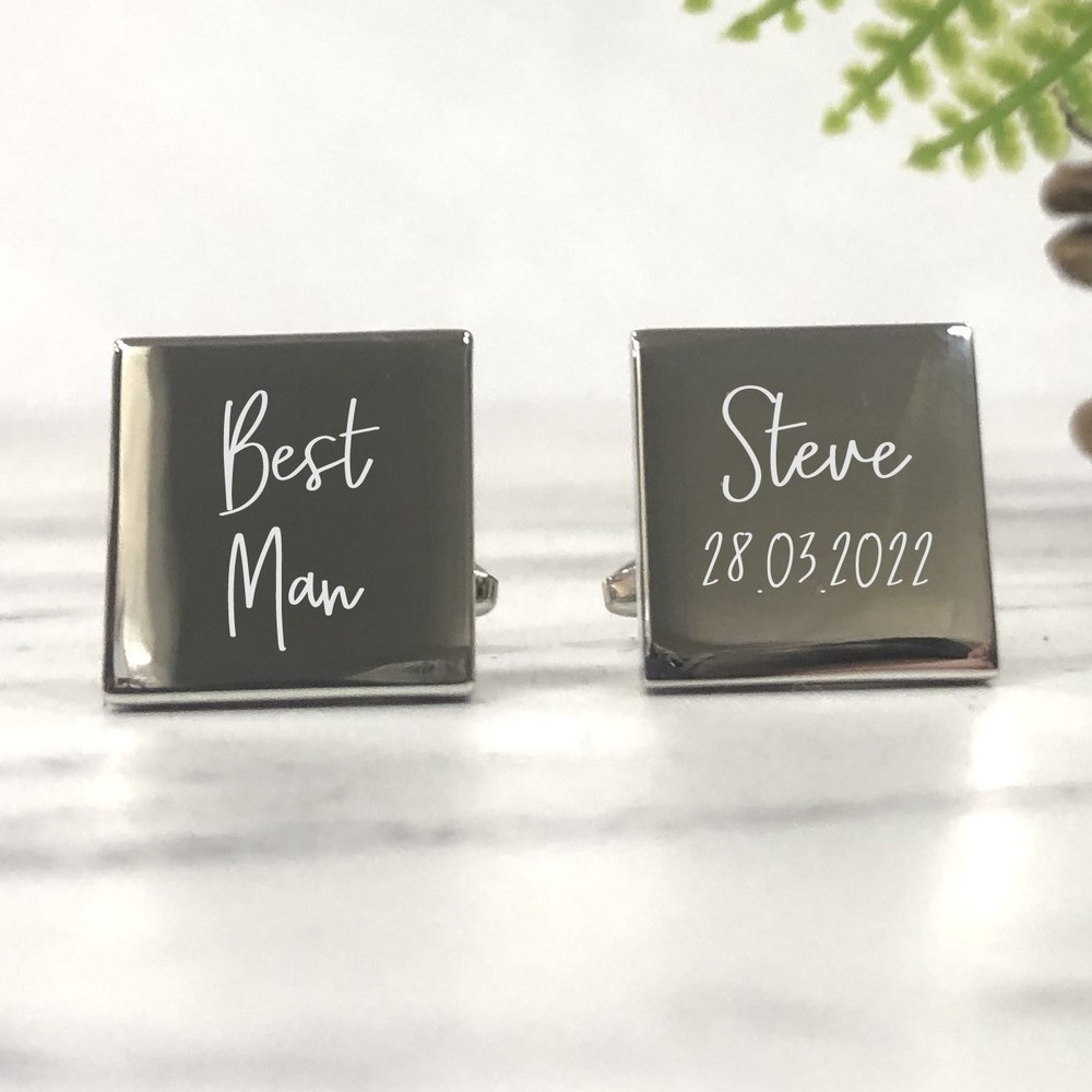 Silver Square Engraved Personalised Best Man Wedding Cufflinks