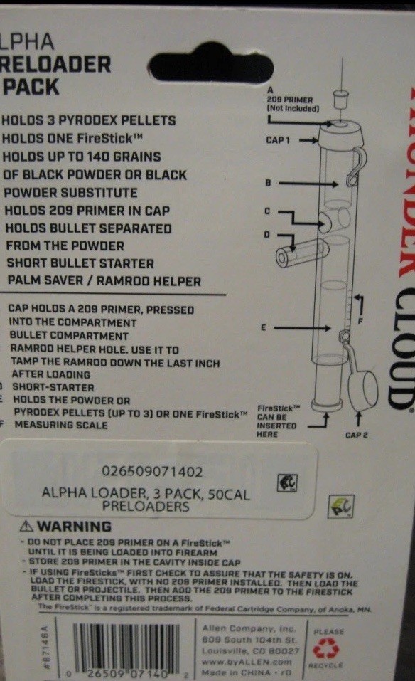 Thunder Cloud Muzzleloader 3 Pack Alpha Preloader 87146A- NIB