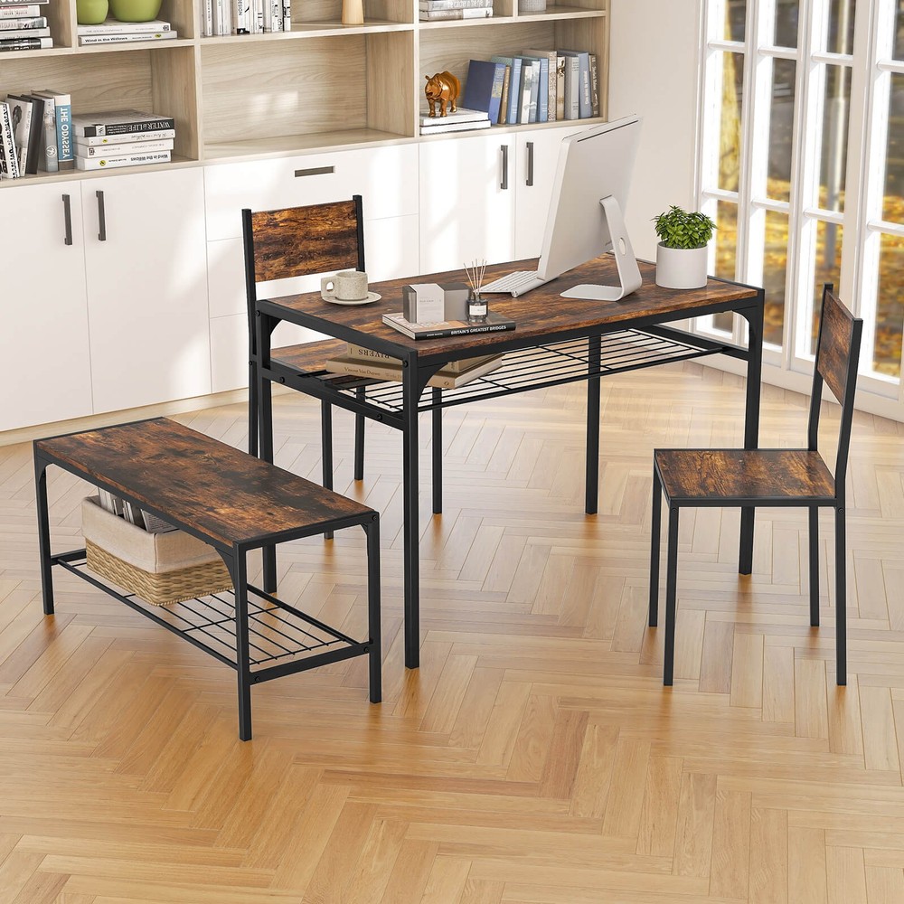 Dining Table Set for 4 Rectangular Table w/ 2 Chairs, 1 Bench, Storage Racks