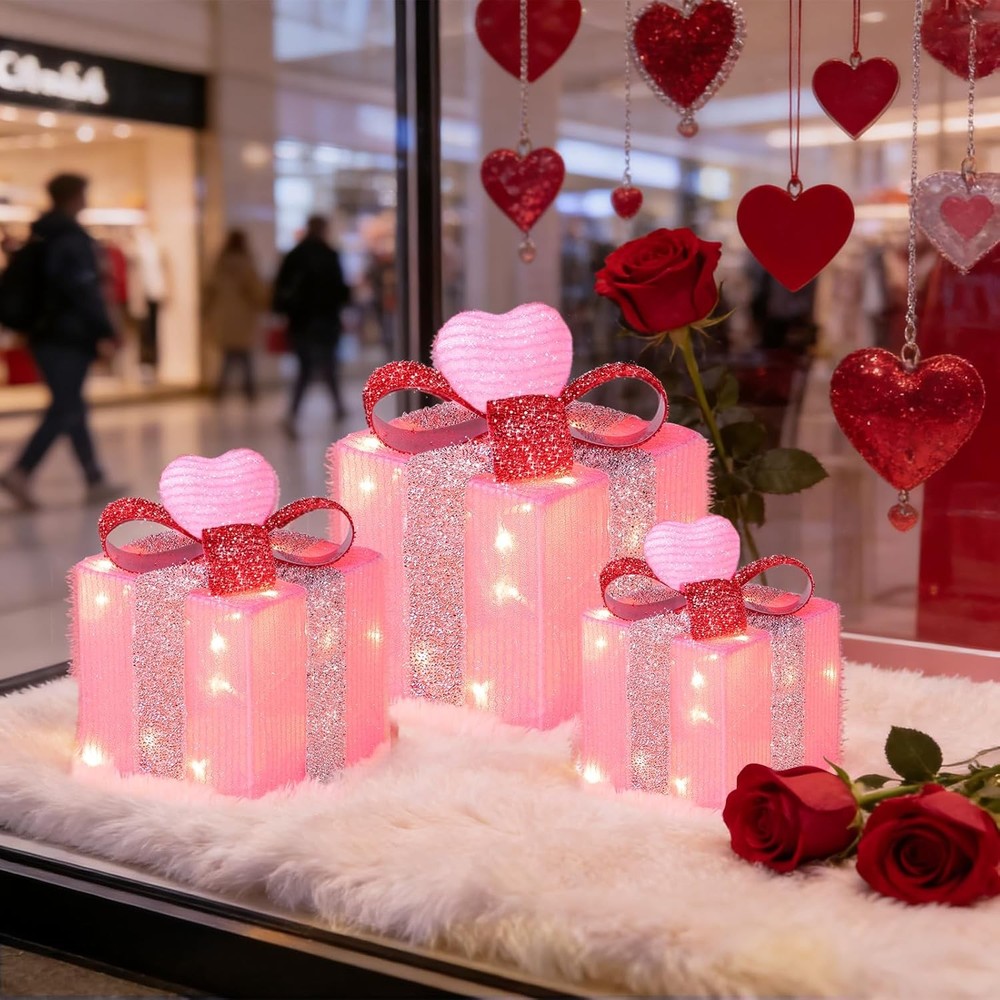 Timer & 8 Mode 3 Pack Valentines Decorations Pink Valentines Lighted Gift Boxes