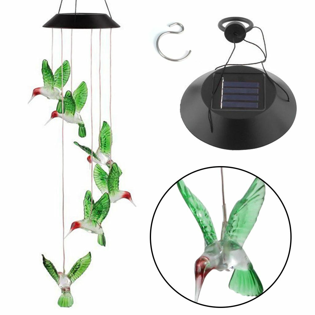 LED Color-Changing Solar Powered Hummingbird Wind Chime Lights Yard Garden Decor