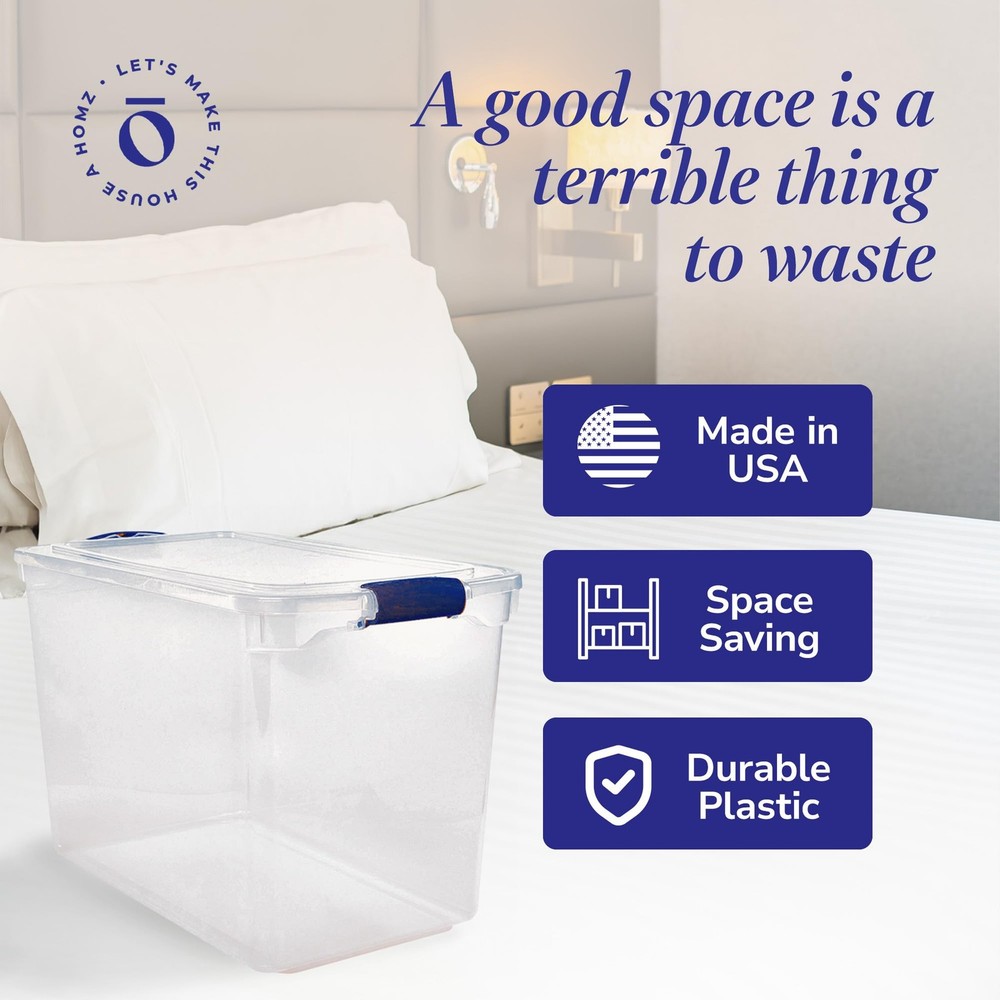 HOMZ 2-Pack Latching Lid, Clear Plastic Storage 112 QT (2 Pack), Blue