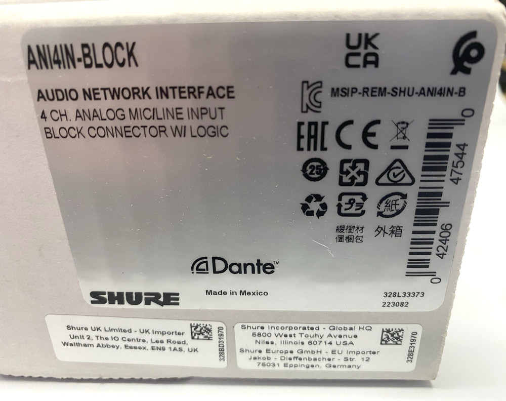 New Shure ANI4IN-Block Audio Network Interface Dante