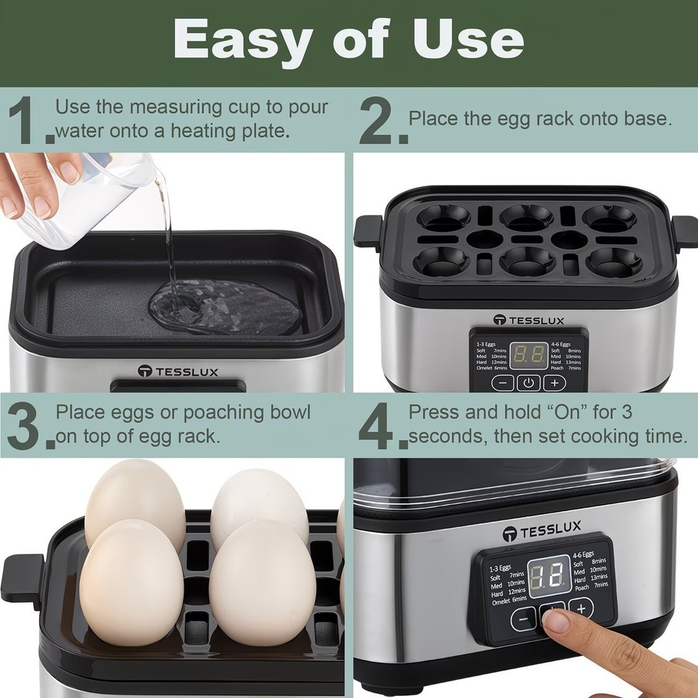 Rapid Egg Cooker Electric 6 Eggs Capacity, Soft, Medium, Hard Boiled, Poacher