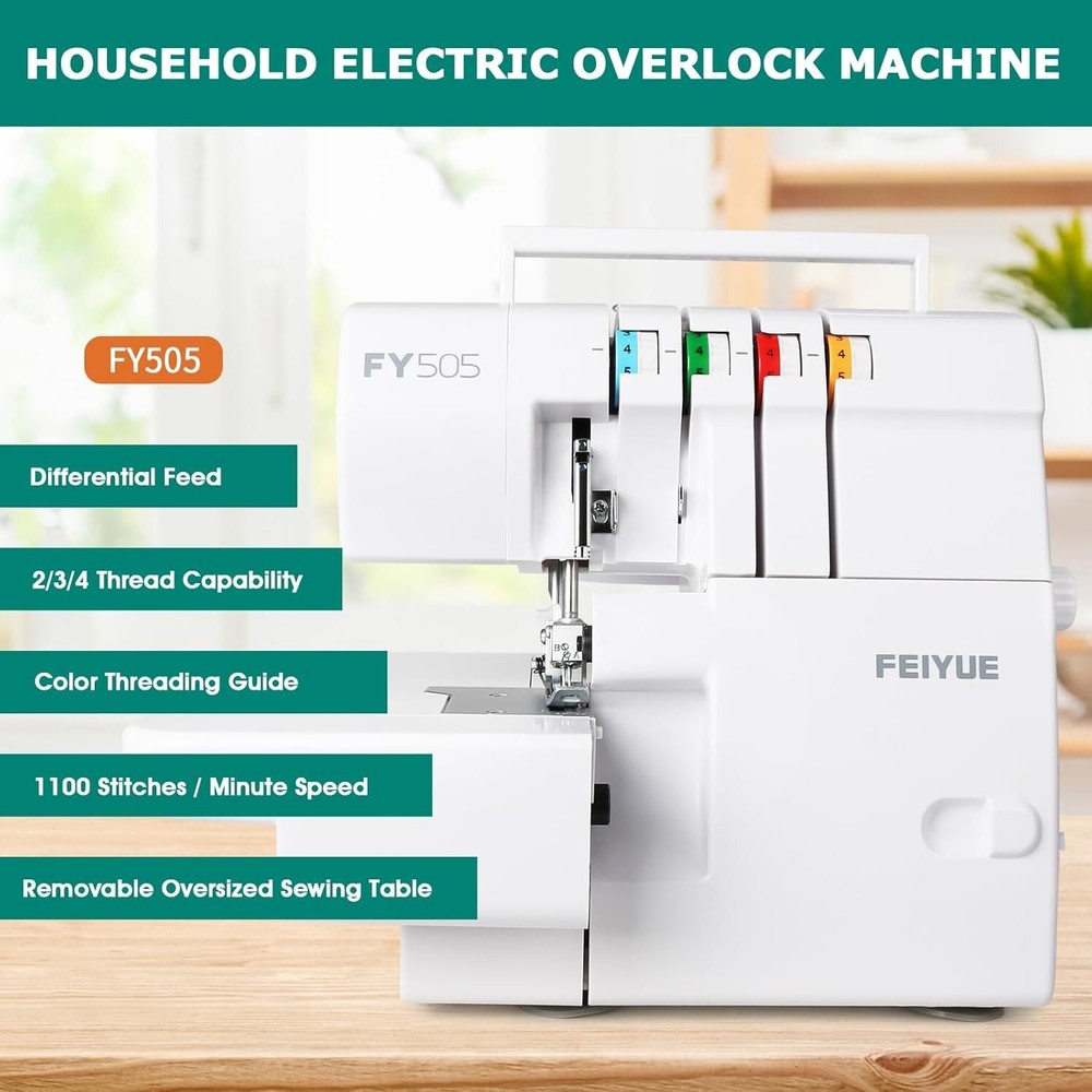FEIYUE FY505 Serger Overlock Machine with 2/3/4 Thread Capability, Built-in Roll