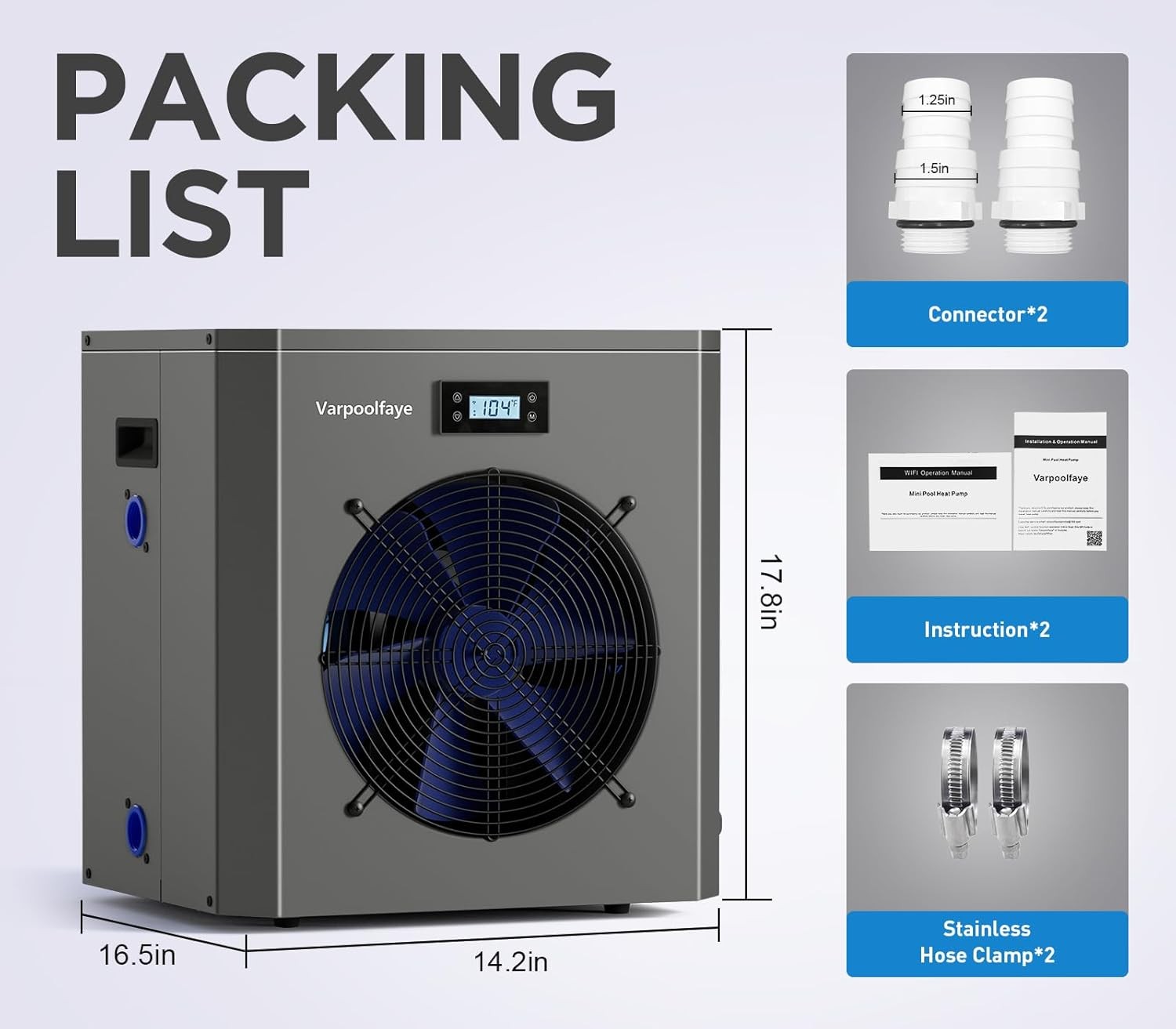 Varpoolfaye 16,000BTU Swimming Pool Heat Pump Above Ground Pool 5000 Gallon 120V