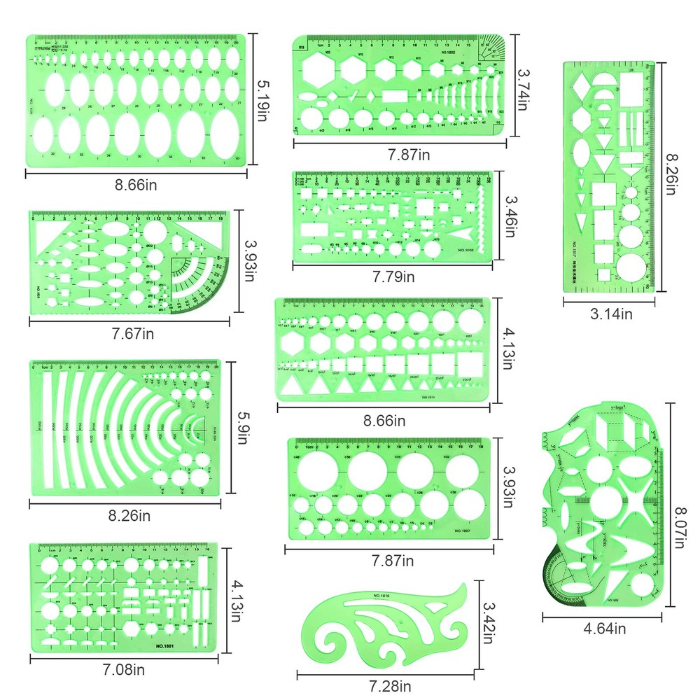 11PCS Geometric Drawings Templates, Drafting Stencils Measuring Tools, BetyBe...