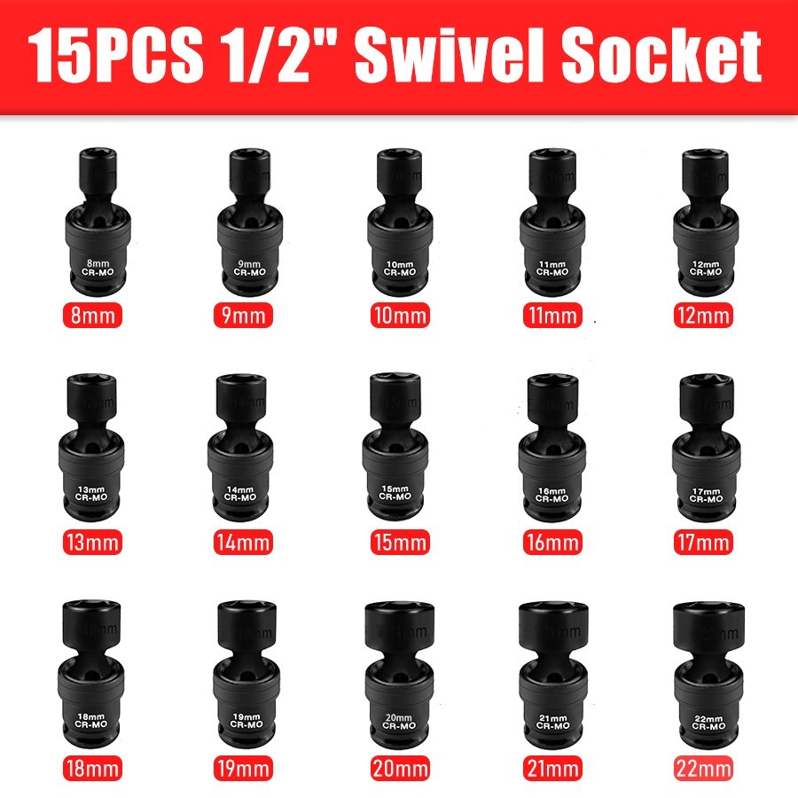 15pcs Impact Universal Swivel Socket Set, 3/8" Inch