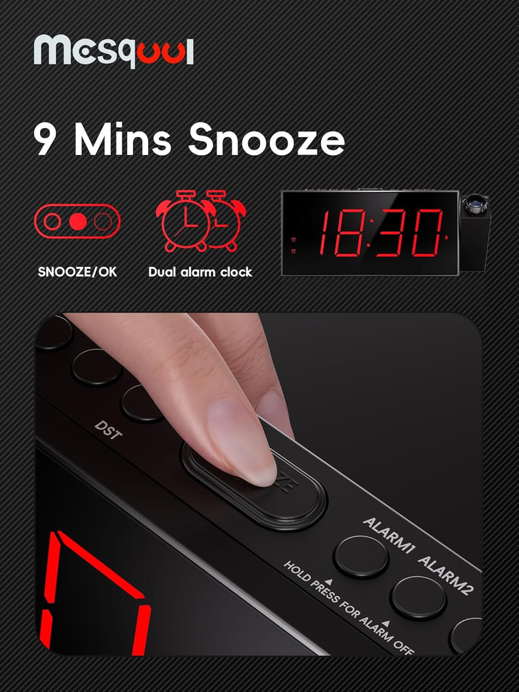 Projection Alarm Clock, Digital Clock with 180° Rotatable Projector, 5-Level Bri
