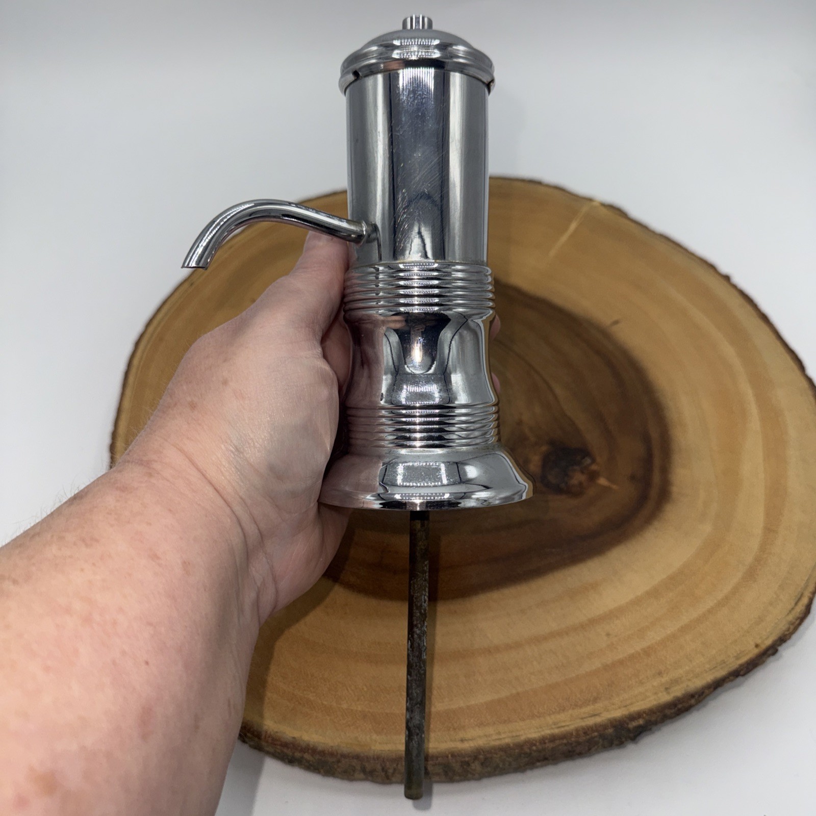 Vintage Liquor Dispenser Pump & Glass Decanter W/6 Shot Glasses W/Chrome Tray