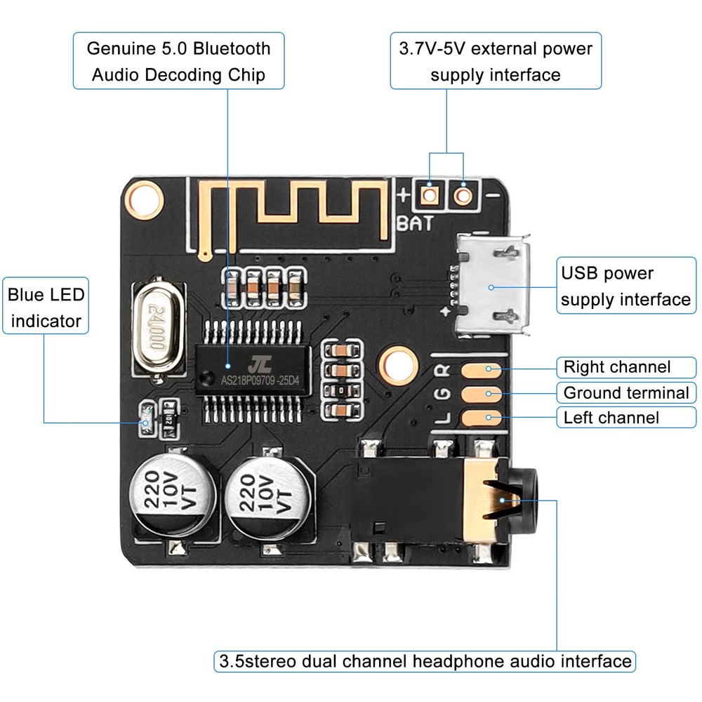 MakerHawk 2pcs Bluetooth Audio Receiver Board BT 5.0 Stereo Black
