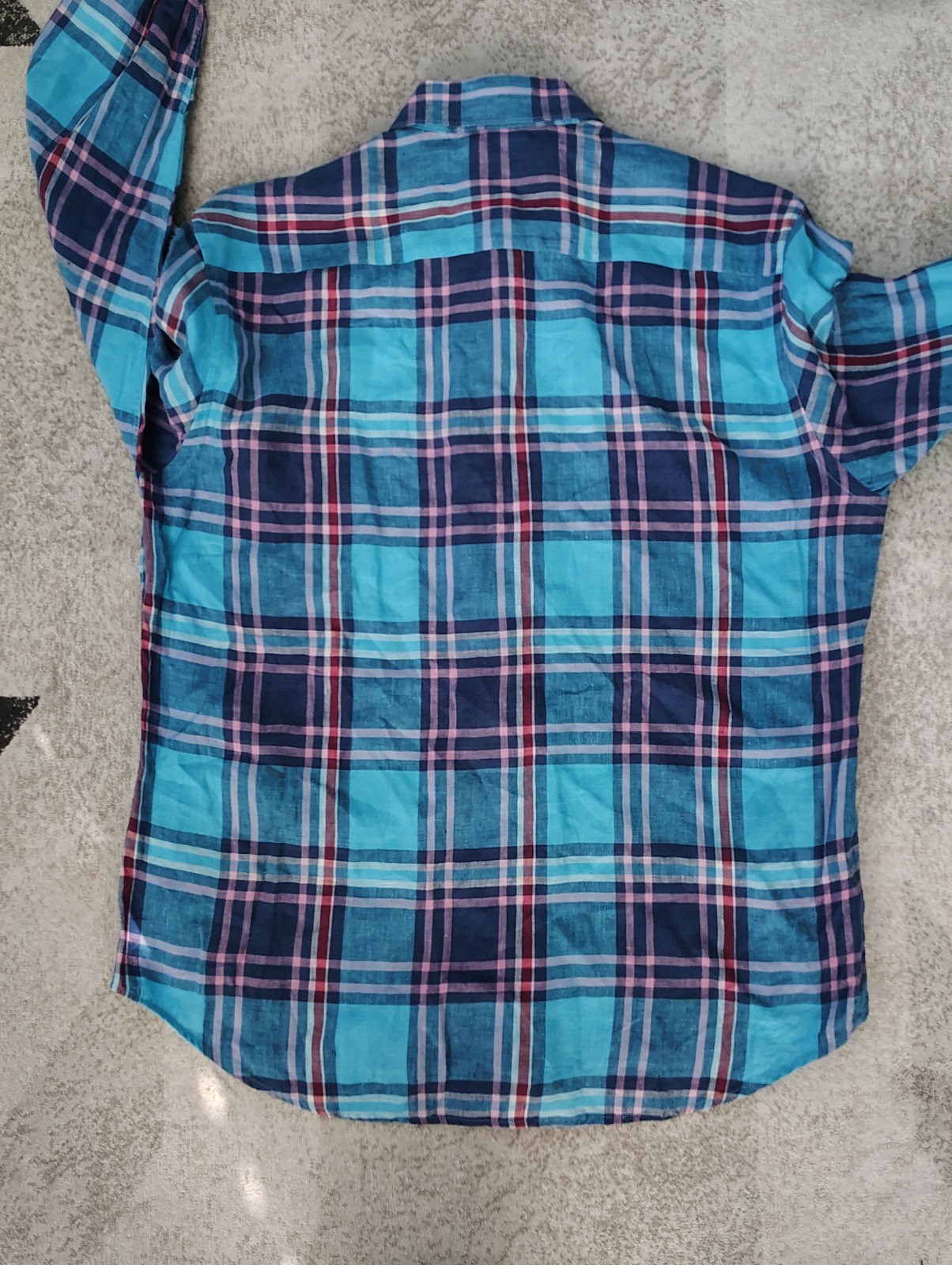 BUGATCHI Turquoise & Pink PLAID Mens LINEN Shirt Classic Shaped Fit L/XL 48"