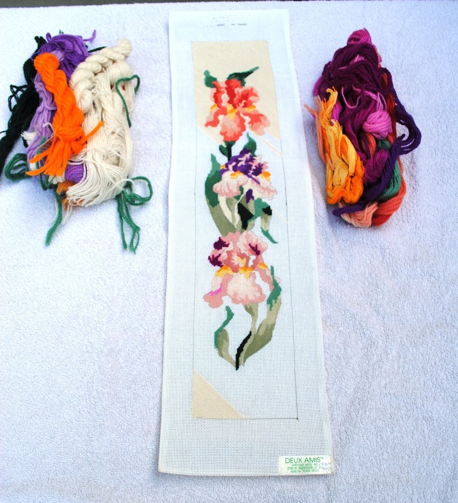 Vtg Deux Amis Iris Bell Pull? Needlepoint Canvas 153P Yarn  Stitching started