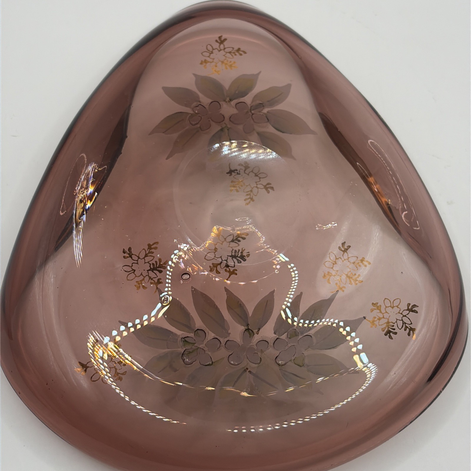 Vtg Bohemian Amethyst Glass Enamel Flower Dish Gilded Edge 6”x 1” Painted