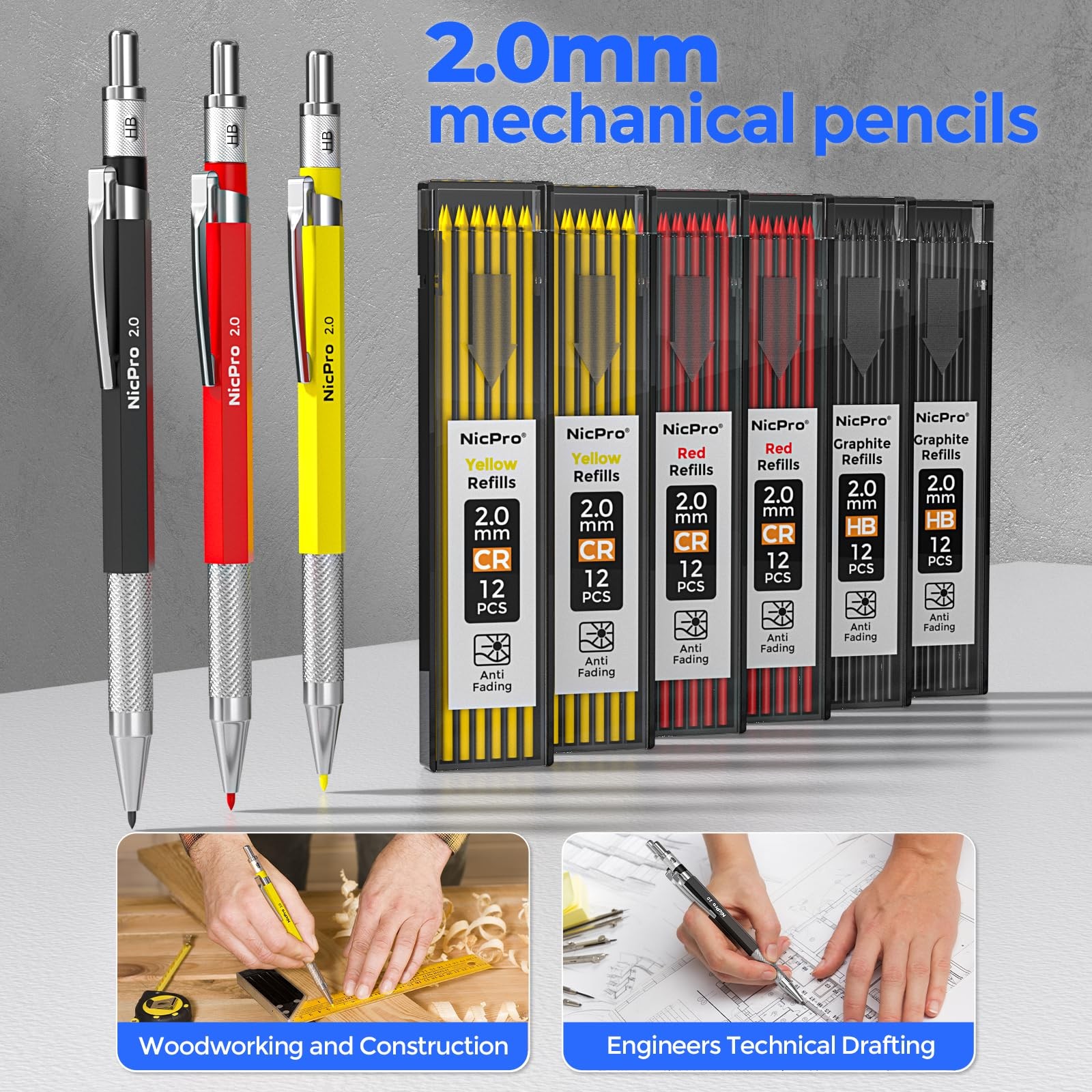 44 Pack CP3000 Carpenter Pencils with Sharpener, Mechanical Carpenter Pencil ...