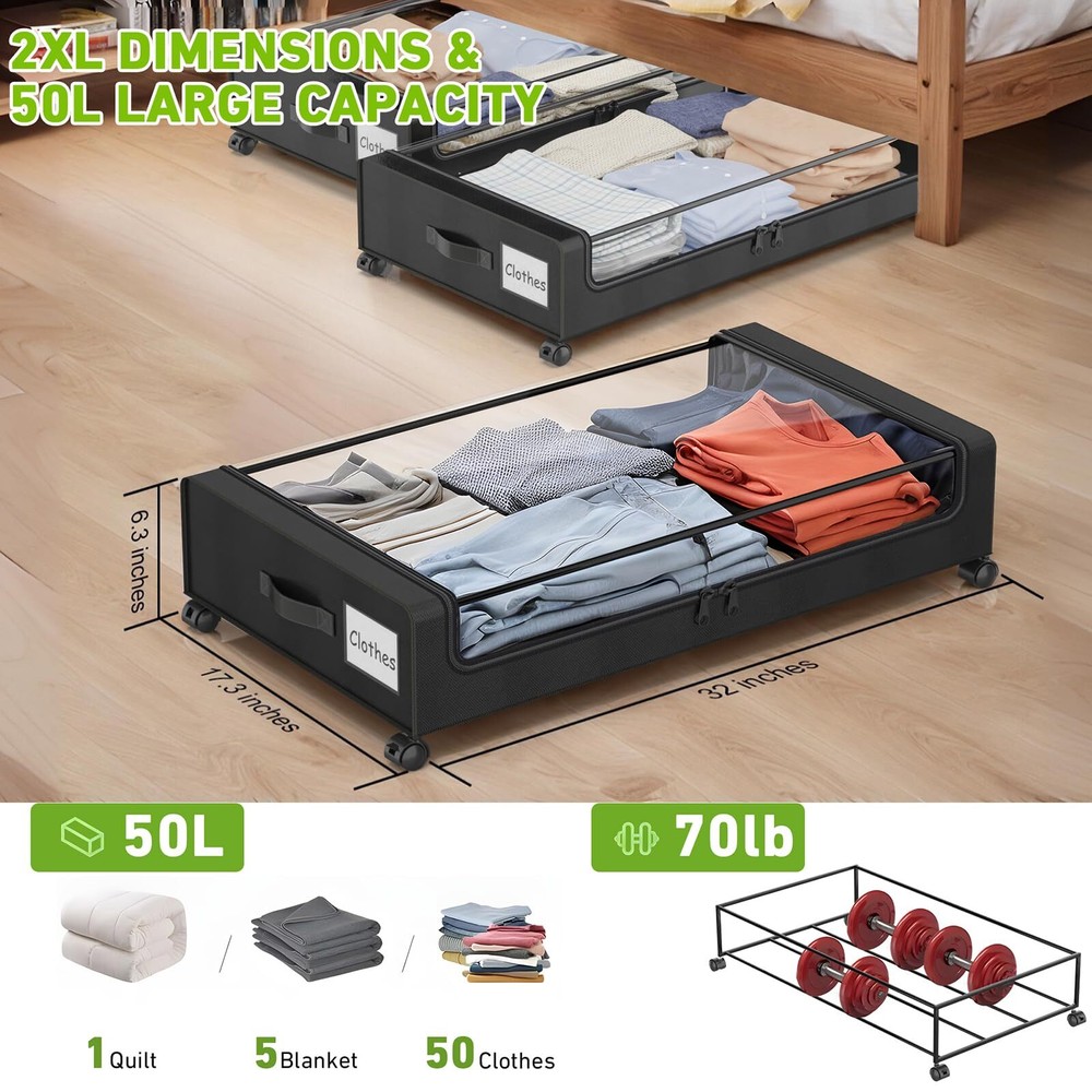 Under Bed Storage with Wheels, XXL 60L Under Bed Storage Containers, under th...