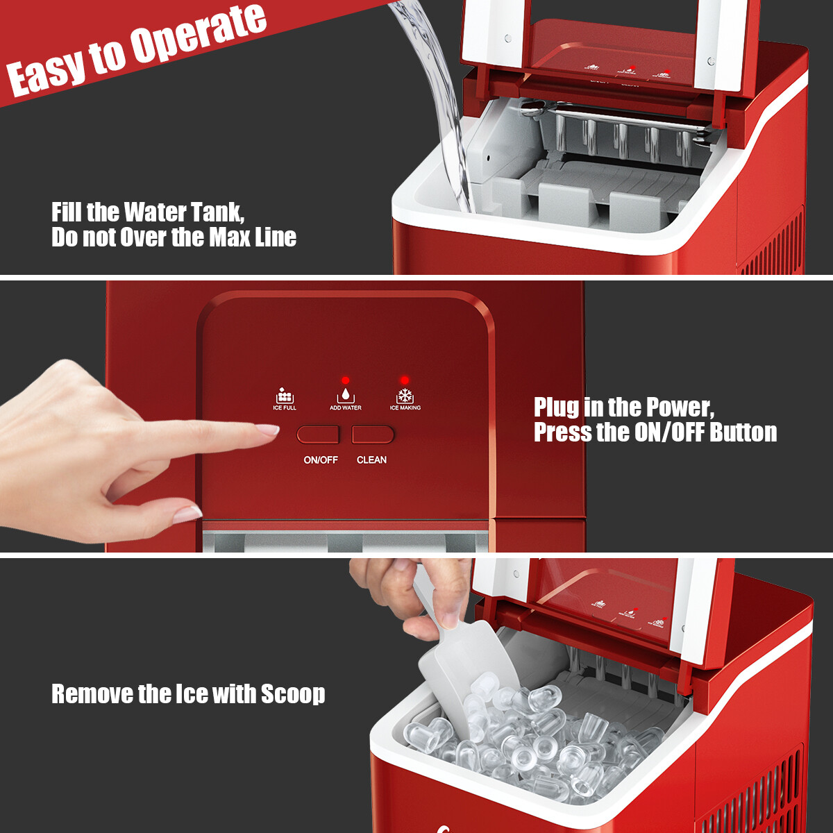 Portable Ice Maker Machine Countertop 26Lbs/24H Self-cleaning w/ Scoop Red
