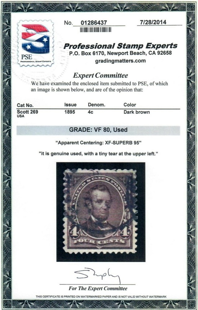 Scott 269 Used Premium Example PSE Graded VF 80