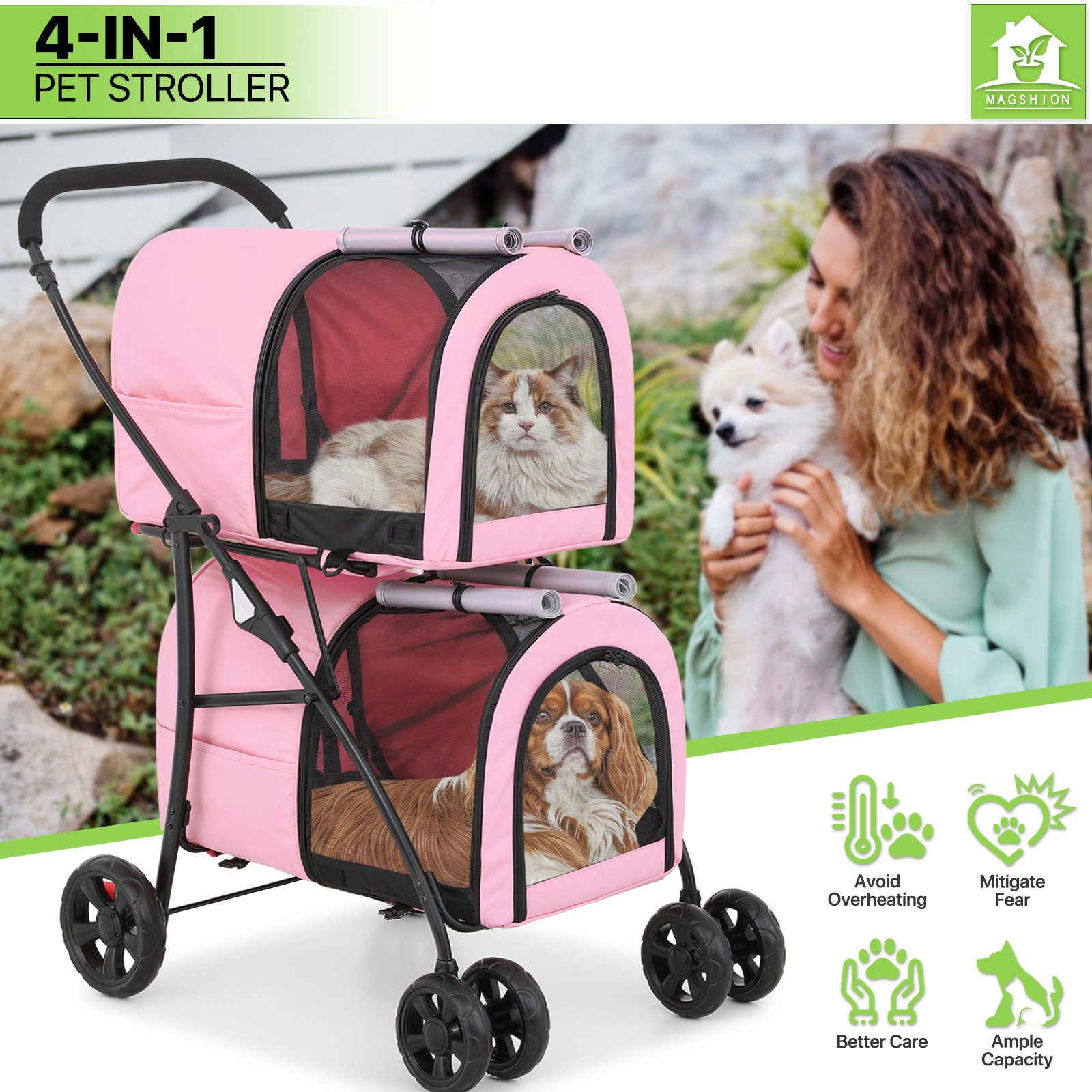 Double 4 Wheels Layer Dog Stroller Folding Carrier Cage Travel Detachable Basket