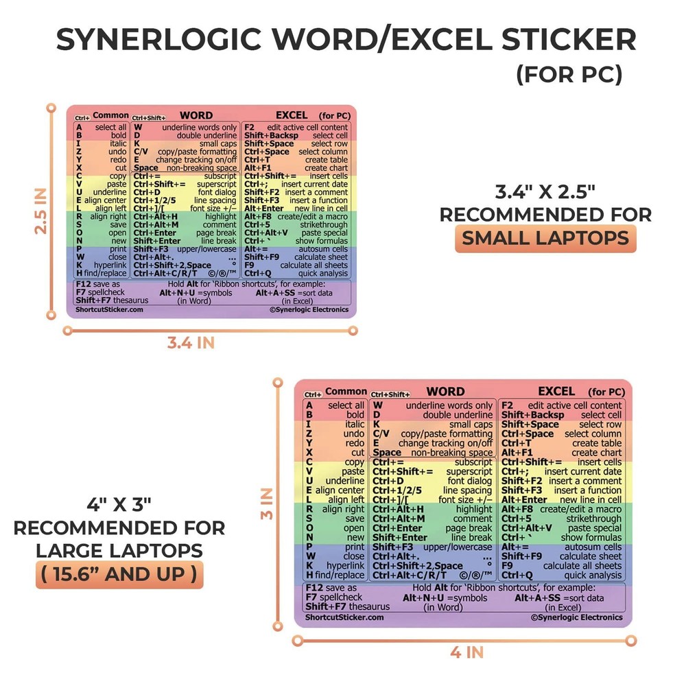 Synerlogic Word/Excel Windows Shortcut Sticker | Reference Guide Keyboard Sho...