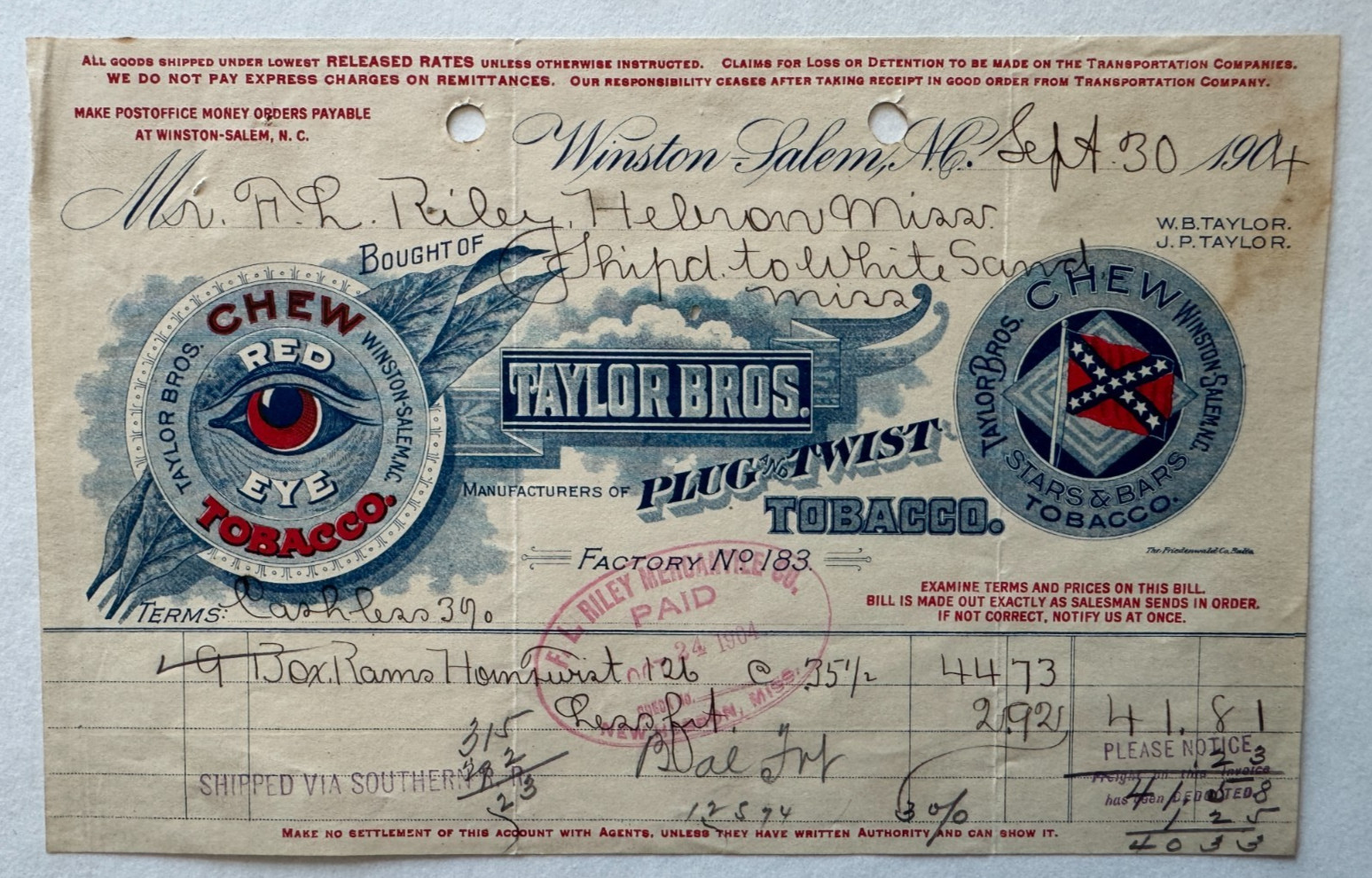 Vintage 1904 Billhead Winston Salem NC Taylor Bros Red Eye Chew Tobacco vignette
