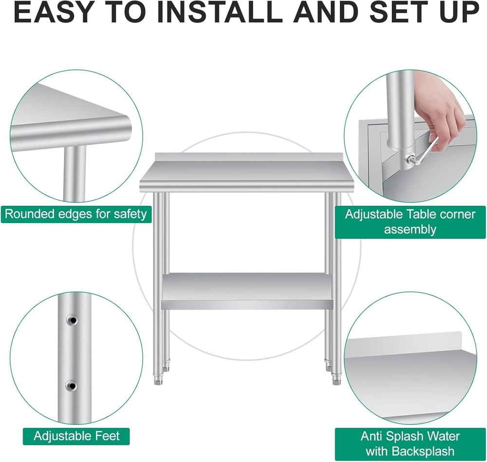 Commercial Stainless Steel Prep Work Table with Backsplash & Adjustable Shelf
