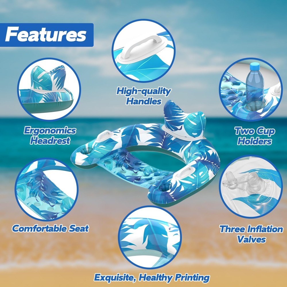 Pool Floats, 3 Pack Inflatable Pool Float Chairs with Cupholders & Handles, P...