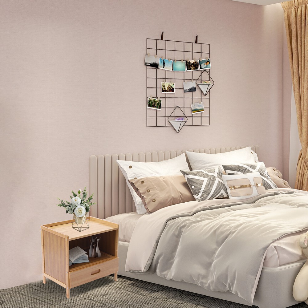 Bedside Nightstand End Table+Drawer— Bedroom Storage Organizer Side Table Bamboo