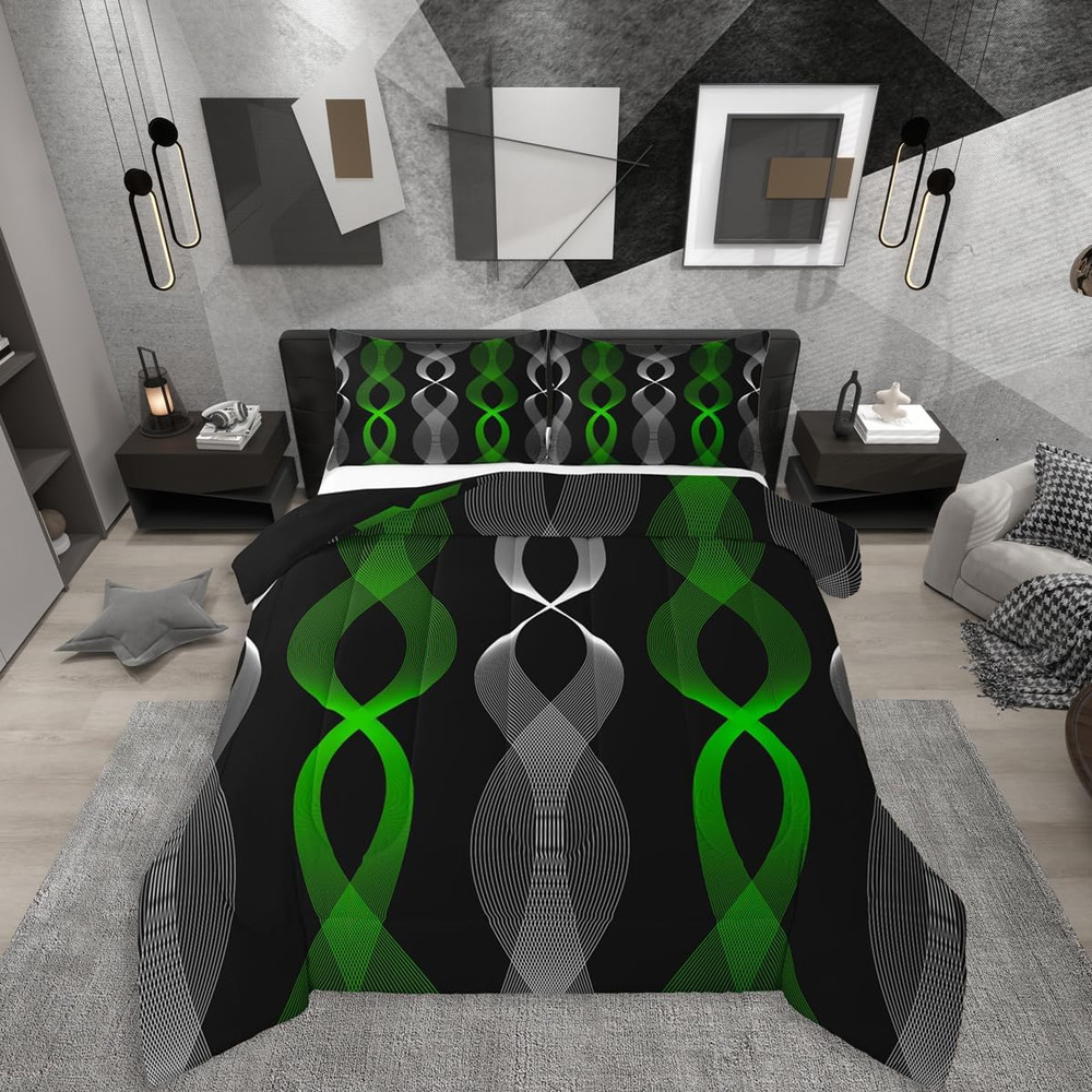 Green & Black Abstract King Comforter Set - Modern Boho Bedding
